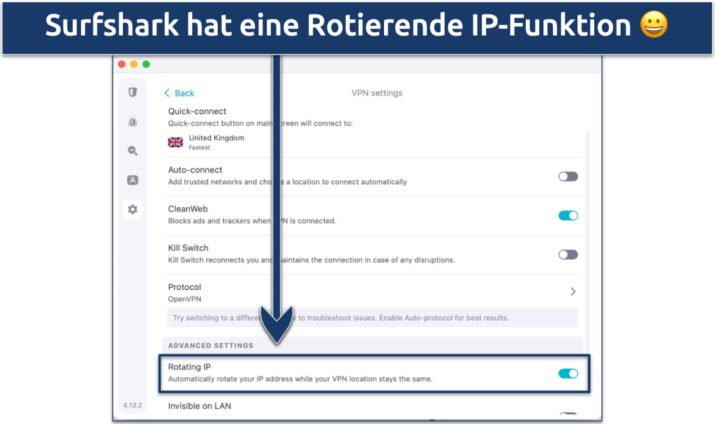 Screenshot von Surfsharks Einstellungsmenü mit der hervorgehobenen Rotierenden-IP-Funktion