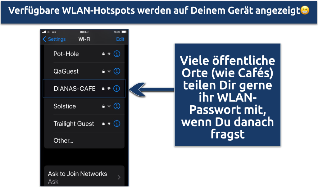Screenshot showing the available WiFi hotspots on an iPhone