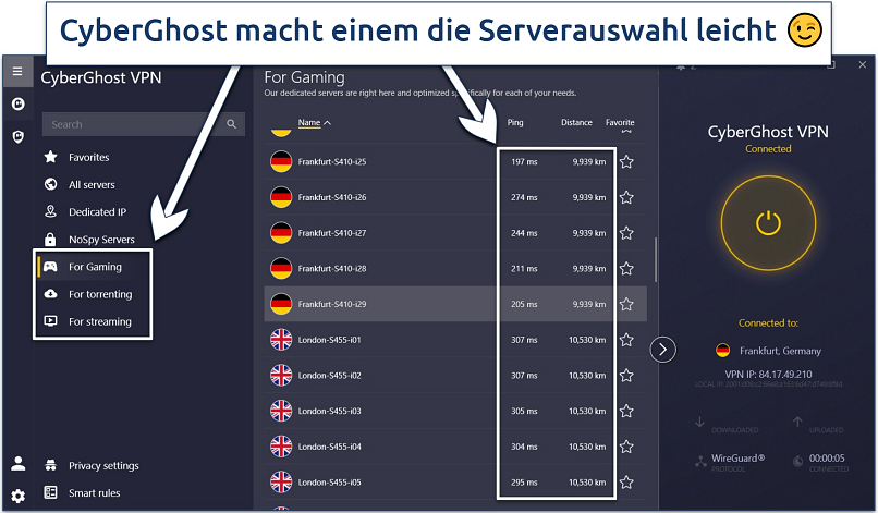 Screenshot der Windows-App und der Hilfsmittel zur Serverauswahl