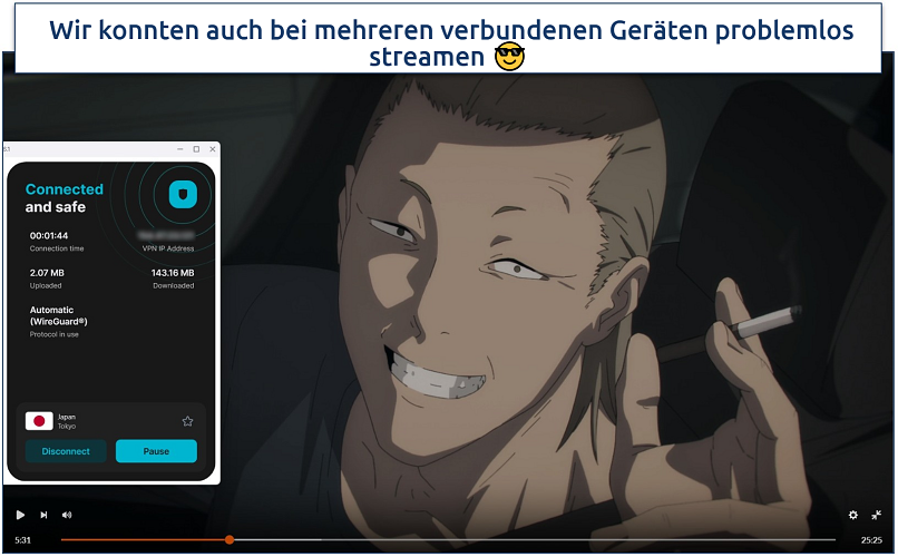 Screenshot von Chainsaw Man auf Crunchyroll, während wir mit dem japanischen Server von Surshark verbunden waren