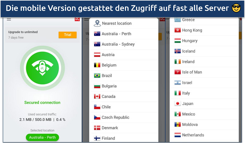 Screenshot of Avira free servers on the Android app