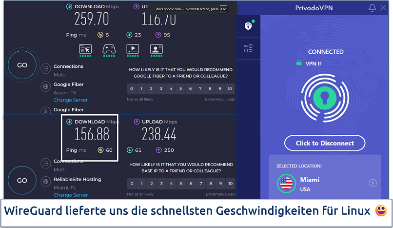 Screenshot of a speed chart showing speeds on PrivadoVPN's Miami server