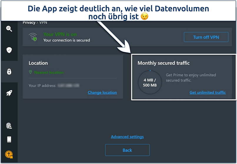 Screenshot of the Avira VPN Windows app with the Monthly secured traffic display