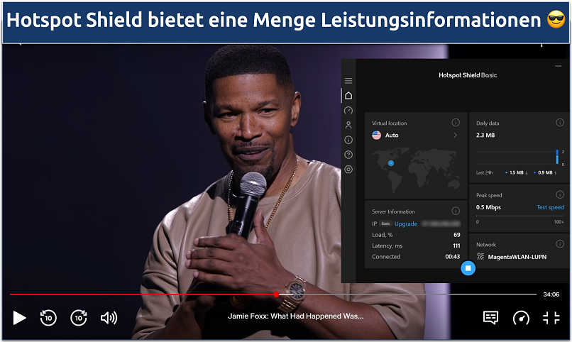 Screenshot of streaming Jamie Fox: What Had Happened Was... on Netflix while connected to Hotstpot Shield