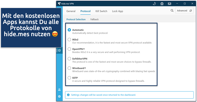 Screenshot of hide.me's free Windows app highlighting where to select a protocol