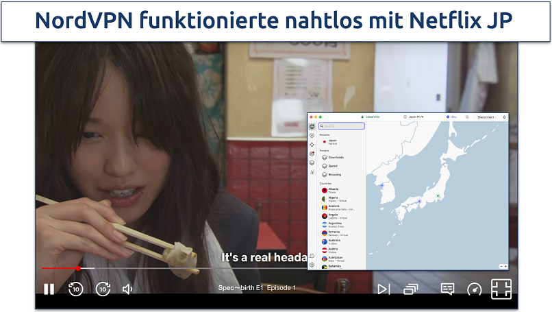 Screenshot von Netflix JP beim Streaming mit verbundenem NordVPN