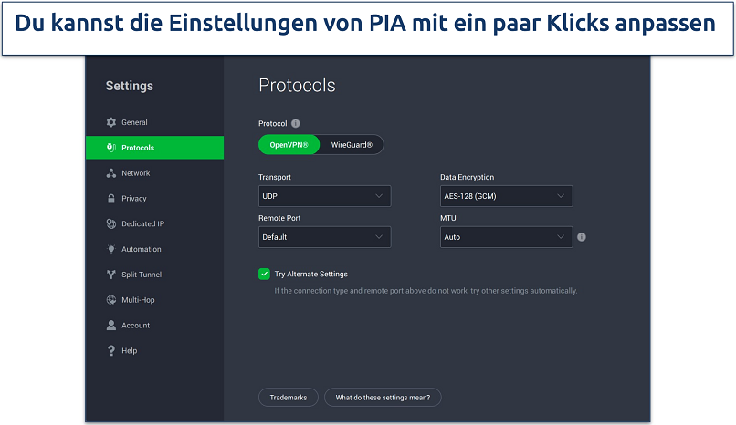 Screenshot der Sicherheitsfunktionen von PIA