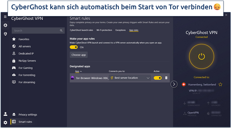Screenshot of CyberGhost's Windows app with the Smart Rules tab open