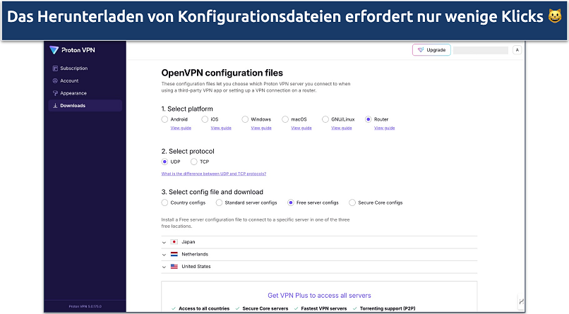 Screenshot der Download-Seite für die OpenVPN-Konfigurationsdateien von Proton VPN