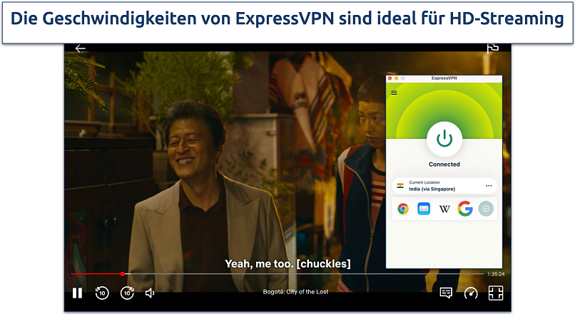Screenshot eines Netflix-Streams im Starlink-Netzwerk mit verbundenem ExpressVPN
