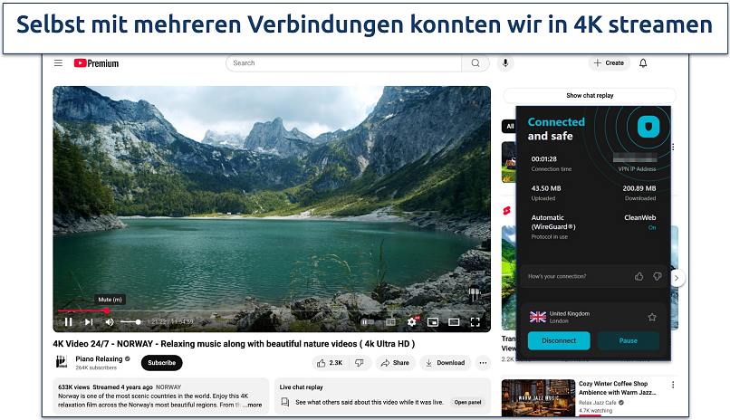 Screenshot von YouTube-Streaming in 4K mit verbundenem Surfshark