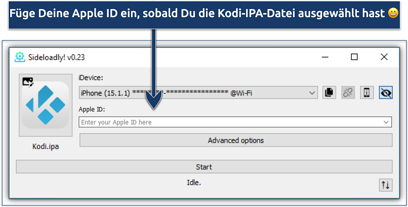 Image showing the interface of the Sideloadly Windows app with Kodi IPA uploaded