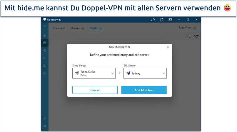 Screenshot of hide.me's Windows app highlighting its multihop feature