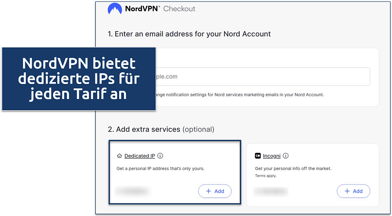 Screenshot of NordVPN's check out screen highlighting where you can add dedicated IPs