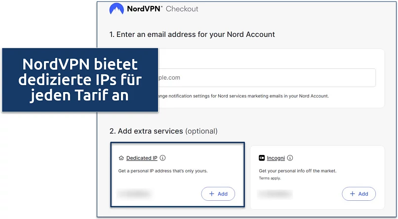 Screenshot of NordVPN's check out screen highlighting where you can add dedicated IPs