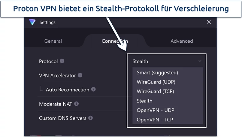 Screenshot of ProtonVPN's Windows app highlighting its stealth protocol