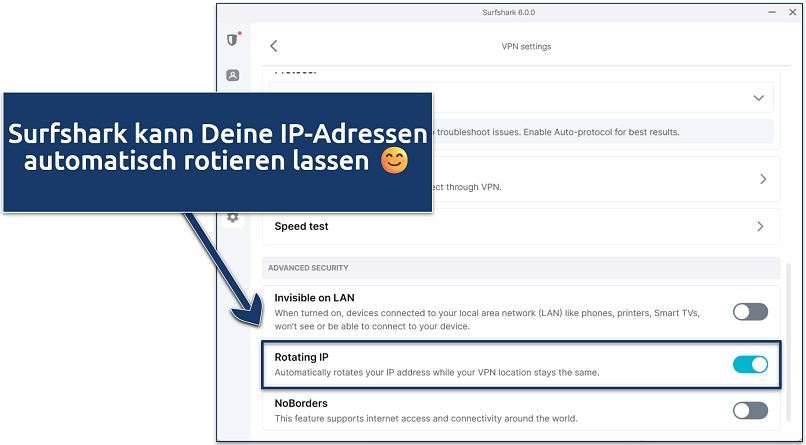 Screenshot of Surfshark's Windows app highlighting where to activate the Rotating IP feature