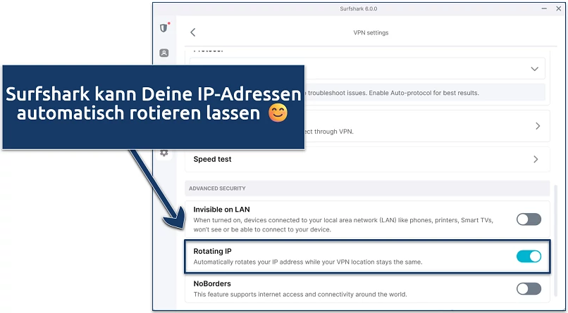 Screenshot of Surfshark's Windows app highlighting where to activate the Rotating IP feature