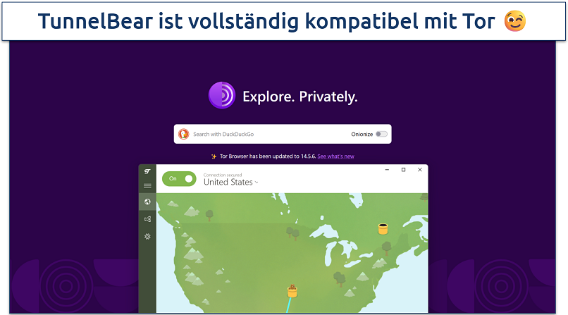Screenshot of TunnelBear connected to the United States server while using DuckDuckGo on the .onion browser