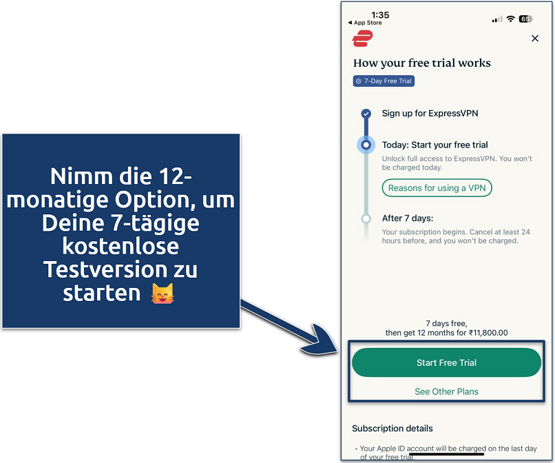 Screenshot explaining how ExpressVPN's free trial works