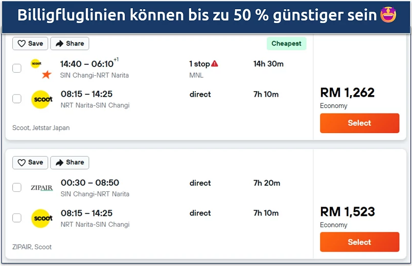 Screenshot of a Kayak flight search showing prices from budget carriers
