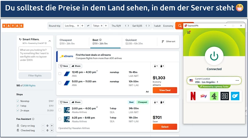 Screenshot of flight search results in USD on Kayak while connected to the ExpressVPN Los Angeles–1 server