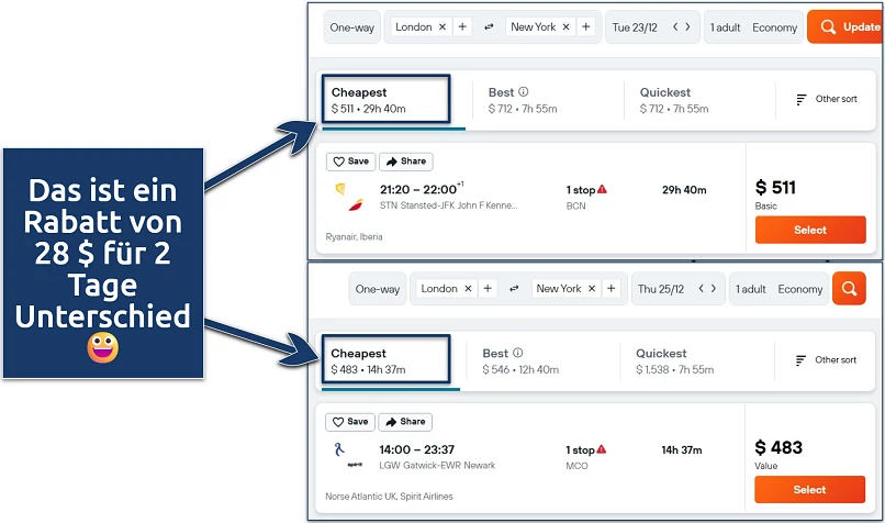 Screenshot of a Kayak flight search showing the different prices for 23 and 25 December