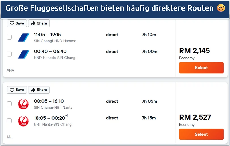 Screenshot of a Kayak flight search showing prices from major carriers