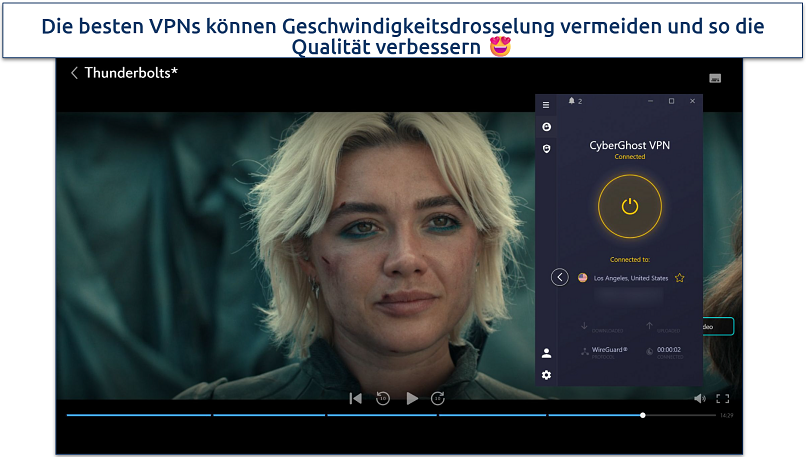 Screenshot of Disney+ player streaming Thunderbolts while connected to CyberGhost's Los Angeles server