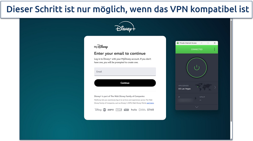 Screenshot of the Disney+ login page being visiting while connected to PIA's Las Vegas server