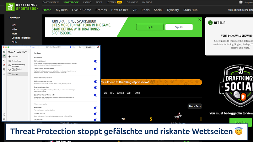 Screenshot showing the NordVPN app over the DraftKings website