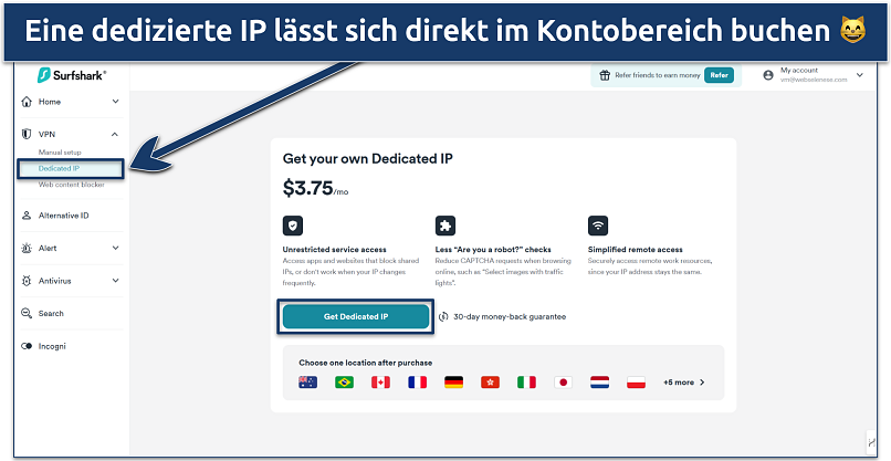 Screenshot showing Dedicated IP on the Surfshark website