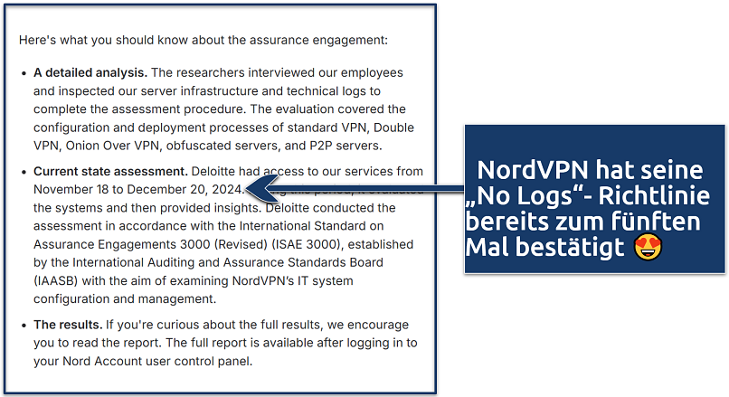 Screenshot of NordVPN's statement about its 2024 audit