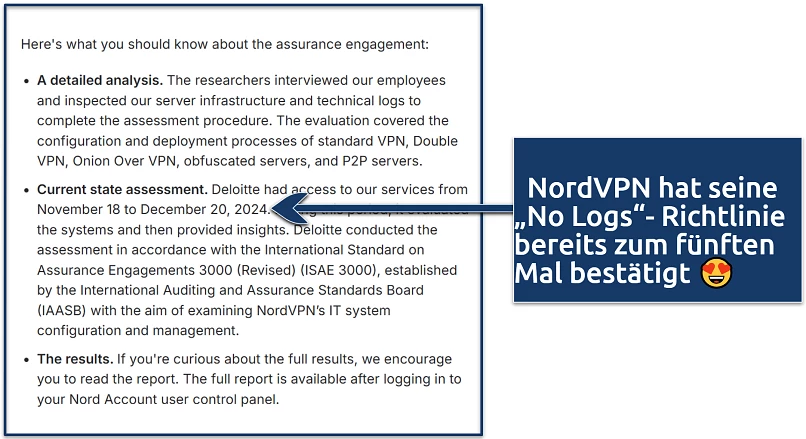 Screenshot of NordVPN's statement about its 2024 audit