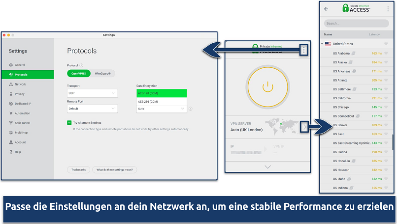 Screenshot showing the PIA desktop app