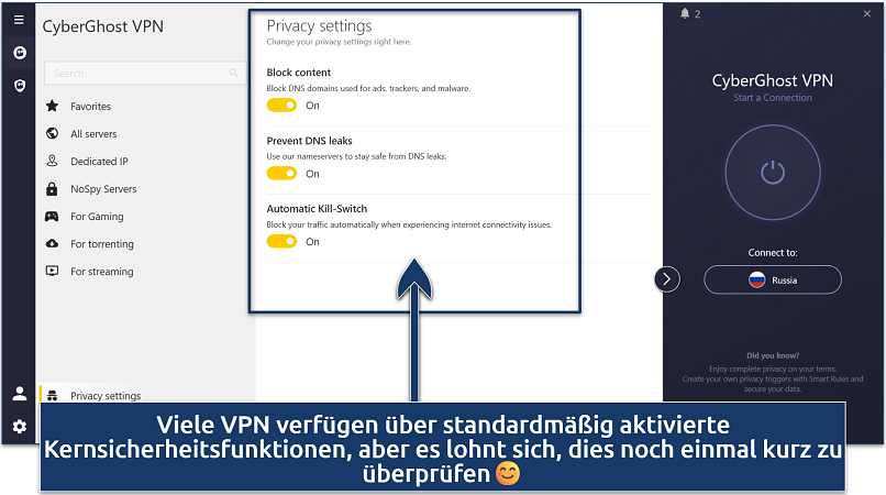 Screenshot showing CyberGhost’s privacy settings on the Windows app