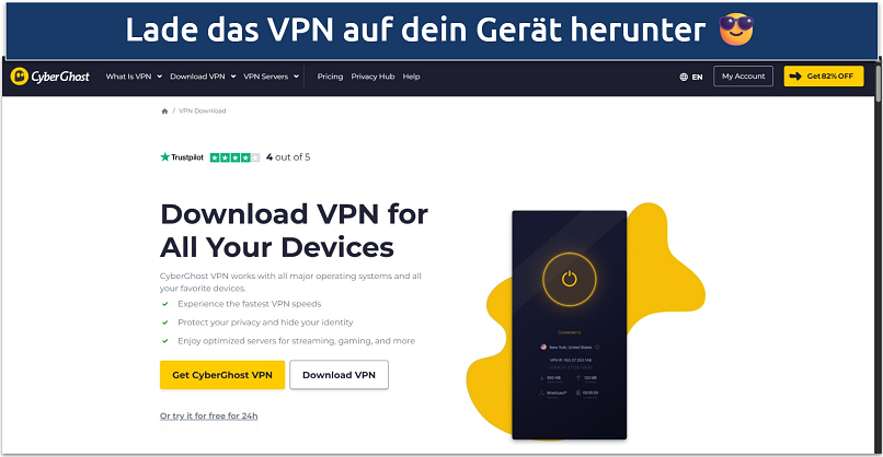 Screenshot of CyberGhost's website homepage with the “Get the Fastest VPN” button highlighted