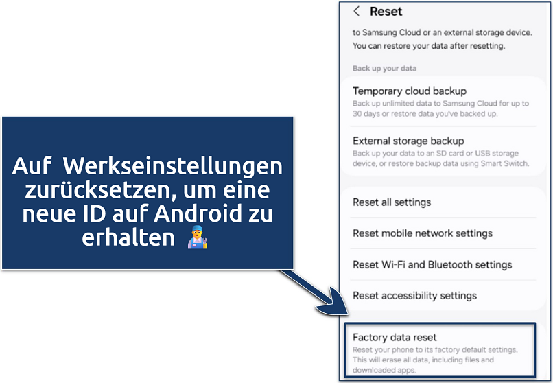 An image of factory data reset in Android settings