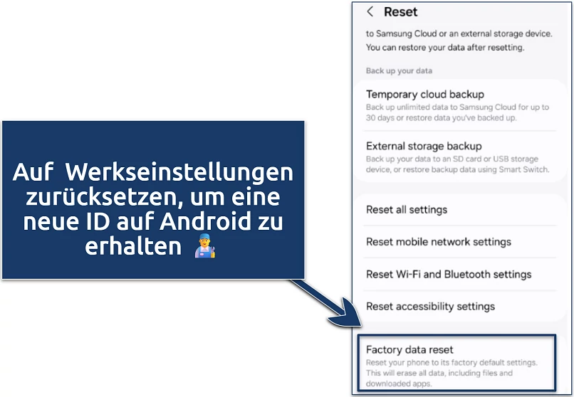 An image of factory data reset in Android settings
