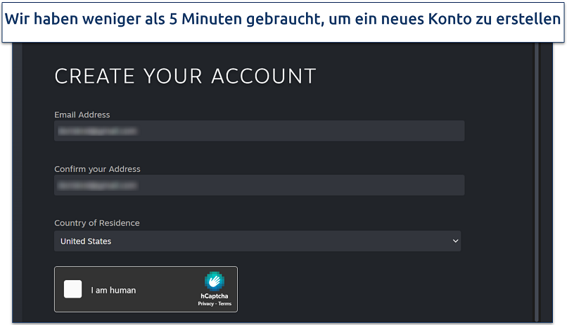 Screenshot of the Steam account creation page showing different fields