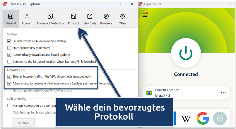 Screenshot of ExpressVPN settings window highlighting network lock options