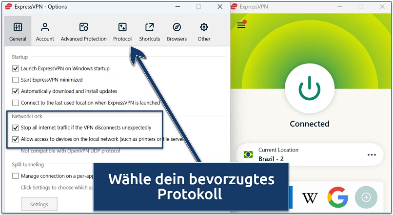 Screenshot of ExpressVPN settings window highlighting network lock options