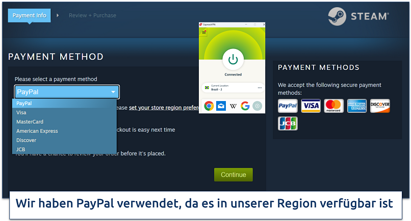 Screenshot of the Steam payment method selection page