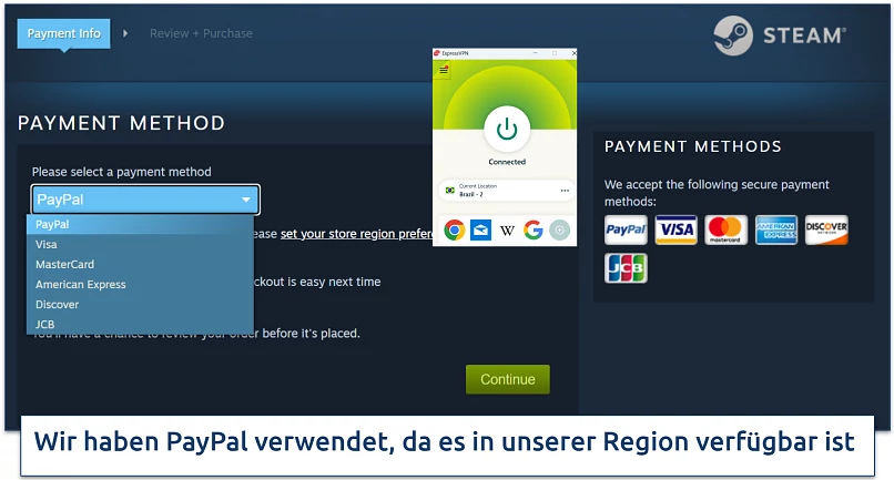 Screenshot of the Steam payment method selection page