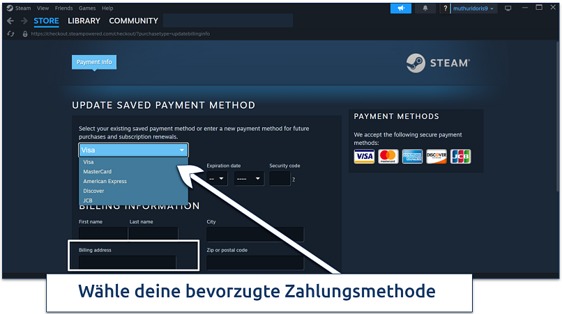 Screenshot of the Steam payment method update page