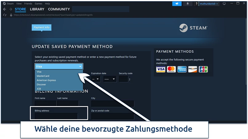 Screenshot of the Steam payment method update page