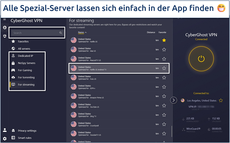 Screenshot of CyberGhost's Windows app with its specialty server categories highlighted