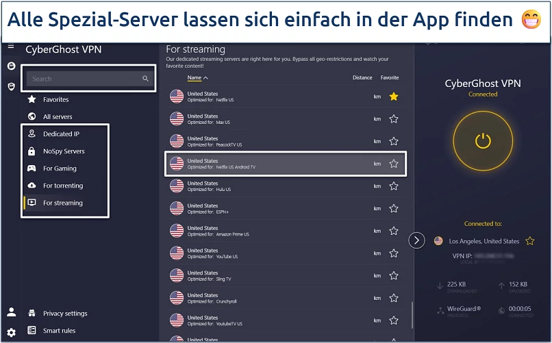 Screenshot of CyberGhost's Windows app with its specialty server categories highlighted