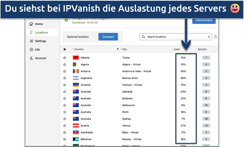 Screenshot of IPVanish's Windows app highlighting he server list