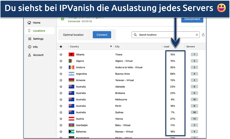 Screenshot of IPVanish's Windows app highlighting he server list